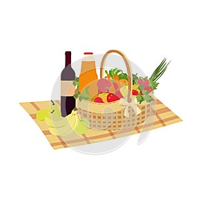 Picnic basket filled with food vegetables and fruits. Vector family picnic. Summer picnic, barbecue.