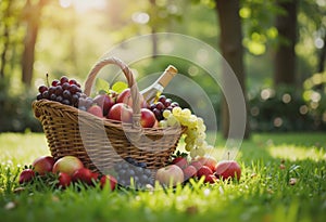 Picnic basket filled with fresh fruits and wine on green grass photo