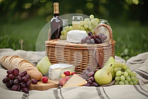 picnic basket filled with fruit, cheese, and wine for sweet and simple picnic