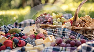 A picnic basket filled with homemade dog biscuits fruit and cheese for the humans to munch on