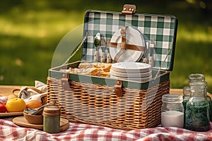 picnic basket filled with picnic essentials and sitting on wooden table