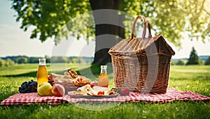 A picnic basket with food and drinks on a blanket