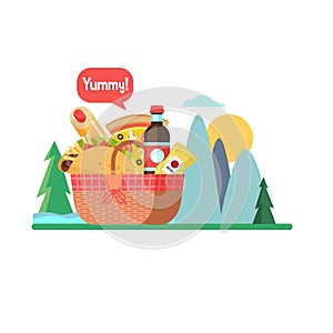 Picnic basket with food. Vector illustration.