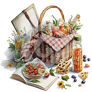 Picnic basket with food, watercolor illustration on a white background
