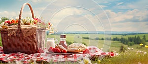 Picnic basket with fruit and bakery on meadow.