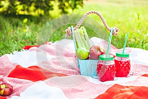 Picnic basket, fruit, juice in small bottles, apples, summer, rest, plaid, grass Copyspace