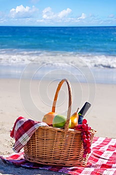 Picnic basket with fruits by the ocean