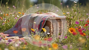 Picnic basket on the grass with daisies at sunset