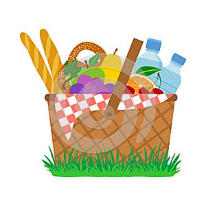 Picnic basket on grass. Vector