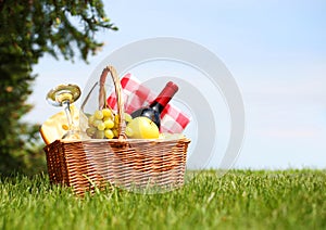 Picnic basket on green field