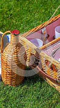 Picnic basket on green sunny lawn in the park