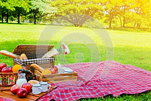 Picnic basket has a lot of food on green grass.