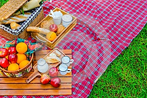 Picnic basket has a lot of food on green grass.