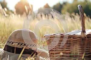 picnic basket beside a hat on sunny meadow