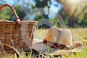 picnic basket beside a hat on sunny meadow