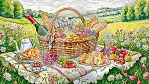 Picnic basket with lot of food on rag on meadow in spring