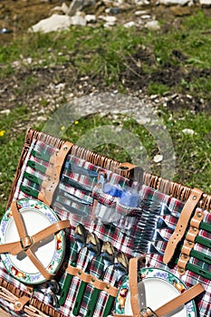 Picnic basket in meadow