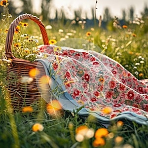 Picnic basket on the meadow with daisies at sunset