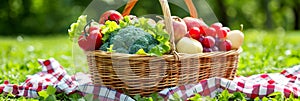 Picnic basket overflowing with an assortment of delicious dishes on the lush green grass of the park