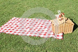 Picnic basket with a red and white tablecloth on the green lawn