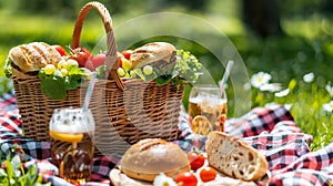 a picnic basket with sandwiches, fruit, and drinks on a checkered blanket a banner illustrating summer food vibes