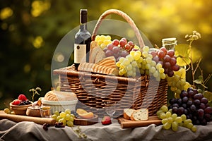picnic basket still life with grapes, wine, and bread