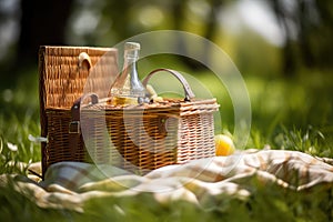 Picnic Basket in Summer Park, Outdoor Lunch, Lunch on Grass, Spring Holiday Leisure, Picnic Basket