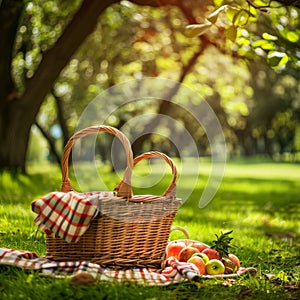 Picnic Basket in Summer Park, Outdoor Lunch, Lunch on Grass, Spring Holiday Leisure, Picnic Basket