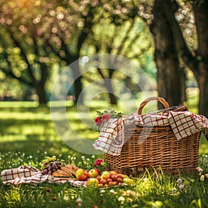 Picnic Basket in Summer Park, Outdoor Lunch, Lunch on Grass, Spring Holiday Leisure, Picnic Basket