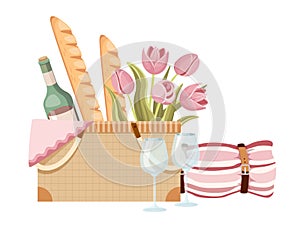 Picnic Basket, Traditional Wicker Box with French Baguettes, Tulip Flowers, Wine Bottle and Glasses with Blanket, Napkin