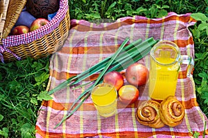 Picnic basket with wine fruit and other products on a natural wooden background. Summer rest . Camping. Picnic in nature