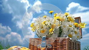 Picnic basket with yellow daise flowers and clouds in blue sky. Generative Ai photo