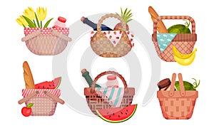 Picnic Baskets Full with Foodstuff Like Fruit and Bread Vector Set