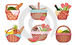 Picnic Baskets Full with Foodstuff Like Fruit and Bread Vector Set