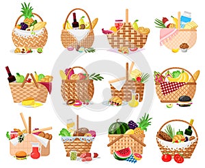 Picnic baskets. Wicker willow picnic baskets with bread, fruits, vegetables and wine. Straw basket full of delish picnic