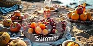 Picnic on the beach with a bowl of fresh summer fruits labeled 'Summer'.