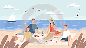 Picnic at beach. Group of friends chill and eat food on sea shore. Happy men and women have lunch outdoor. Holiday on