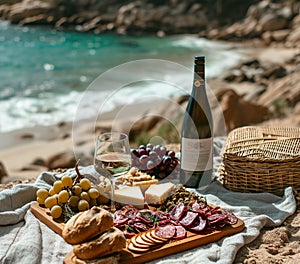 Picnic on a beach with a meat charcuterie board and wine for two. Basket with wine and baguette and wooden tray with croissants
