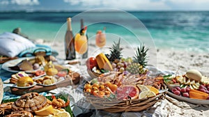 A picnic on the beach with the ocean as the backdrop featuring a spread of fresh seafood fruits and tropical drinks