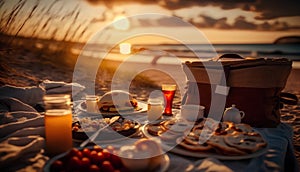 Picnic on the beach at sunset. Holiday on the sea.