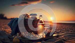 Picnic on the beach at sunset. Picnic basket with food and drinks