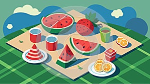 A picnic blanket spread out with platters of fresh fruit and slices of watermelon a refreshing and healthy addition to