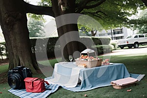 A picnic blanket spread under a tree