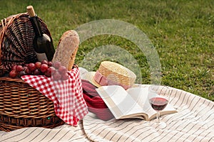 Picnic blanket with wicker basket, wine, food, sweater, straw hat, glass and book on green grass