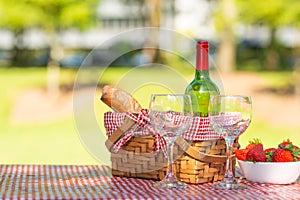 Picnic. bottle of wine with glasses. strawberry.romance.banner