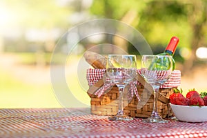 Picnic. bottle of wine with glasses. strawberry.romance.banner