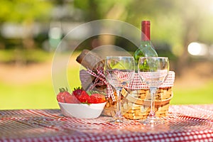 Picnic. bottle of wine with glasses. strawberry.romance.banner