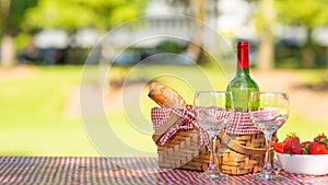 Picnic. bottle of wine with glasses. strawberry.romance.banner