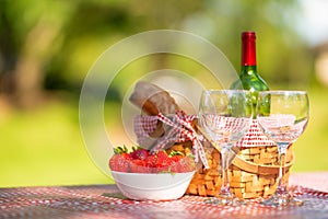 Picnic. bottle of wine with glasses. strawberry.romance.banner