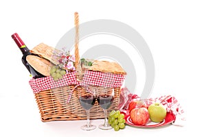 Picnic with bread, wine, cheese